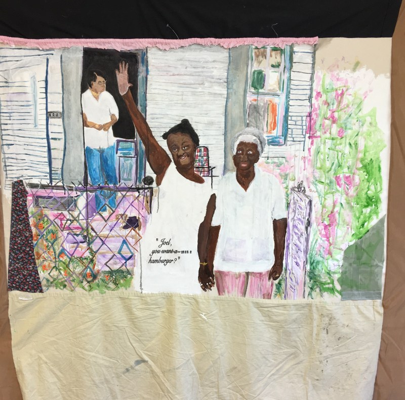tameka-jenean-norris-joel-want-a-hamburger-work-in-progress-2016-fabric-canvas-acrylic-paint-thread-oil-pastel-50-x-50in-courtesy-the-artist-and-ronchini-gallery