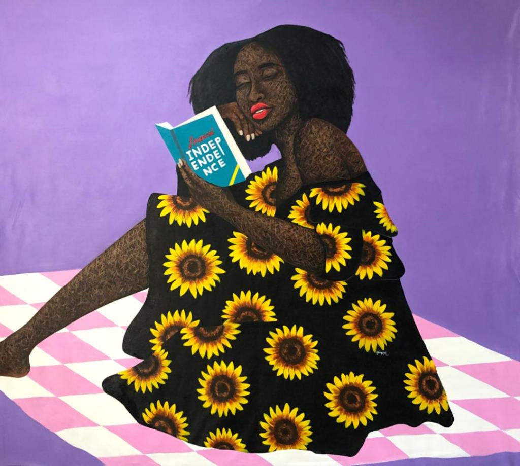 une peinture d'une femme noire qui lit un livre